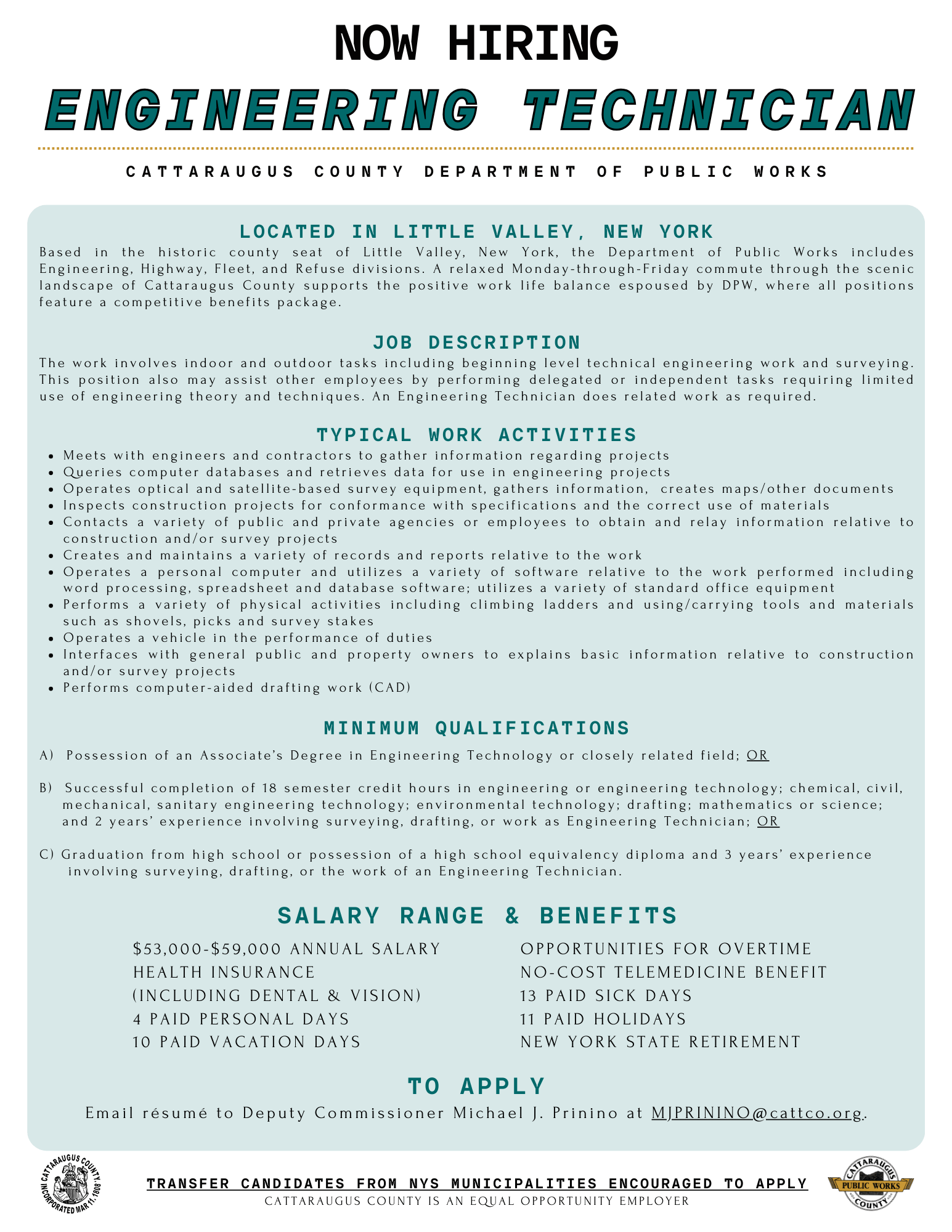 NOW HIRING Engineering Technician (DPW) Cattaraugus County site